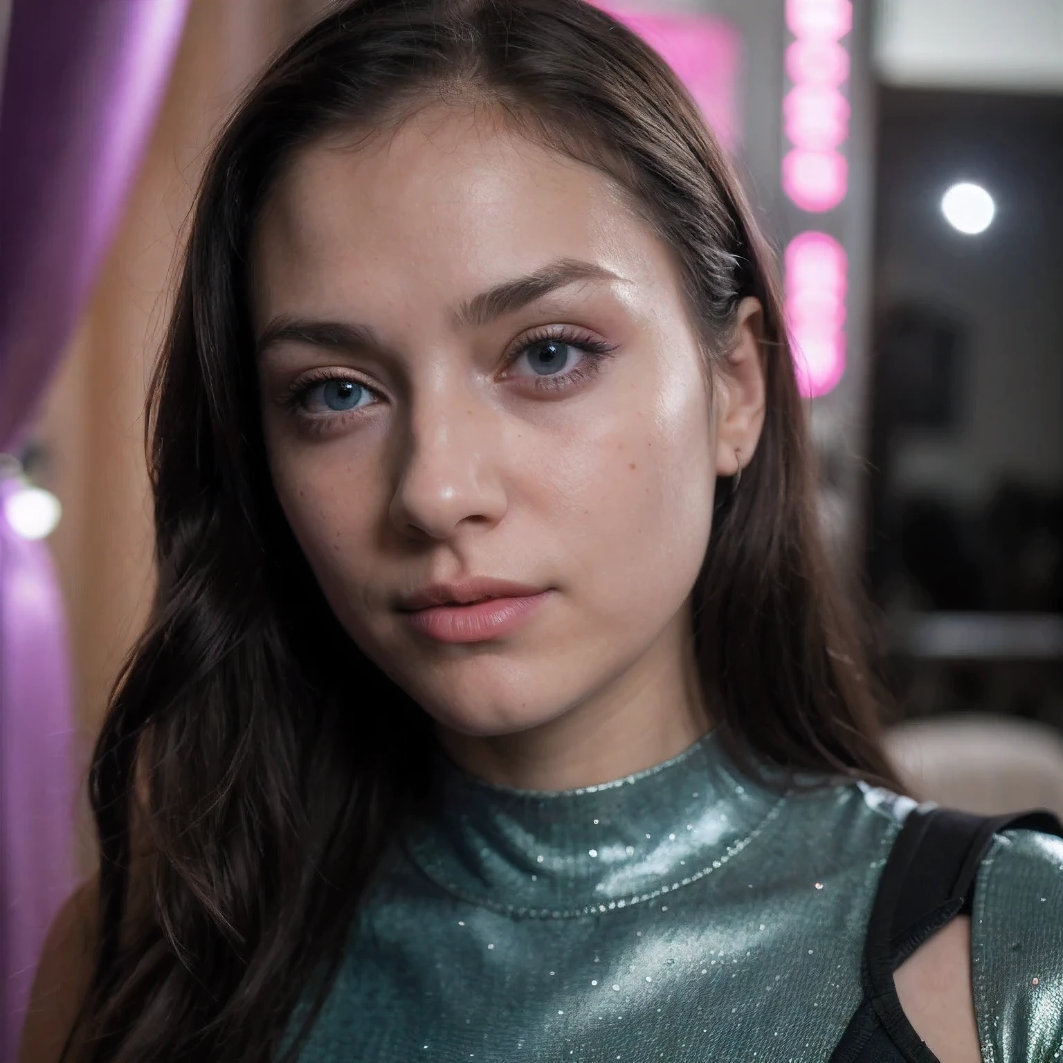 Photo of a college student, Purple Pink, Futuristic space suit, (freckle:0.8) Cute face, Science Fiction, Dystopia, Delicate eyes, Green pupils((side view))