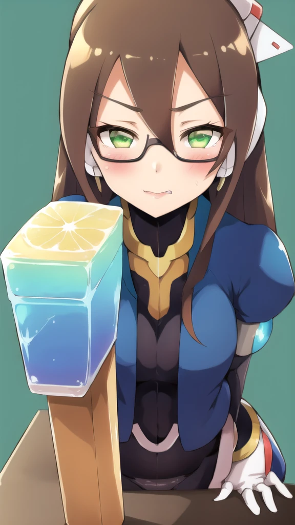 Aile_Megamanzx, 1 Girl, looking at viewer, Brown hair, Green eyes, Simple background , Blushed , Leaning on a table , Glasses , Licking a lemon ice popsicle