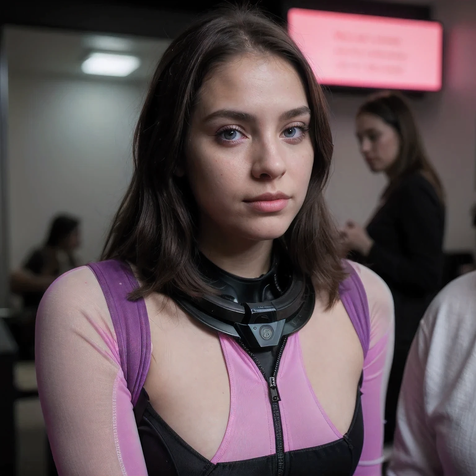 Photo of a college student, Purple Pink, Futuristic space suit, (freckle:0.8) Cute face, Science Fiction, Dystopia, Delicate eyes, Green pupils((side view))