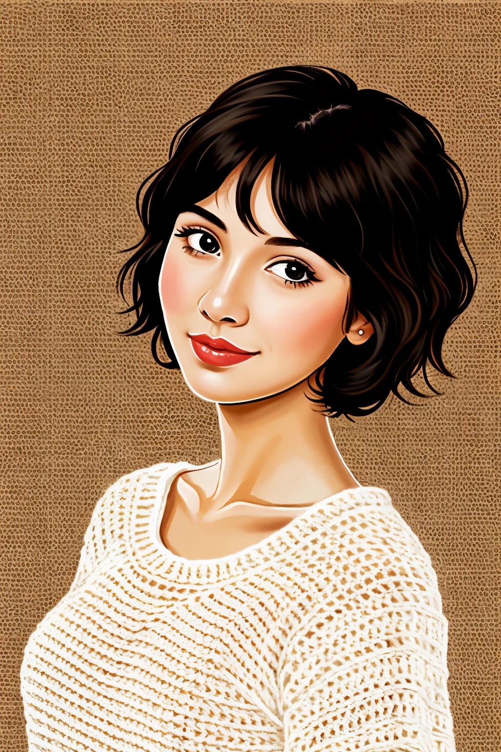 Cartoon of girl with short black hair, brown eyes and crochet background 
