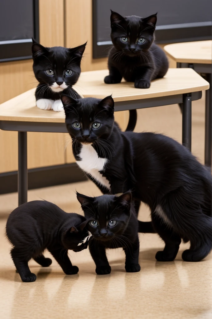 Kittens of all breeds and colors in a classroom laughing at a black kitten