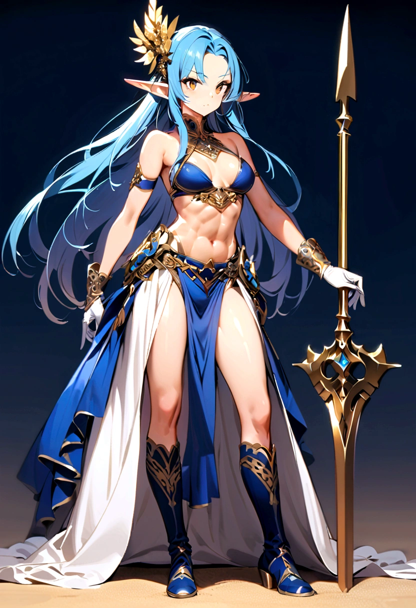 A woman with blue hair　tall　Elf Ears　Brown eyes　Blue bikini with gold decoration　White shiny gloves　Blue short boots with gold decorations　Slightly muscular abs　Crotch is visible　White Skirt　Gather the back hair on top of your head　The hair in front of the ears is long　Medium chest　Sandy Beach　Has a long spear　Are standing　Model Body Type　Cool look　Medium long hair　