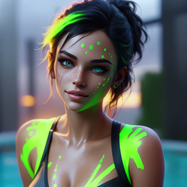 a closeup of a woman with a neon green face paint, glowing neon skin, 4k realistic digital art, 4k realistic digital art, little character. unreal engine 5, photorealistic art style, unreal engine : : delirium makeup, realistic 3d character, unreal engine character art, 8k portrait rendering, realistic art style, unreal engine render + a goddess