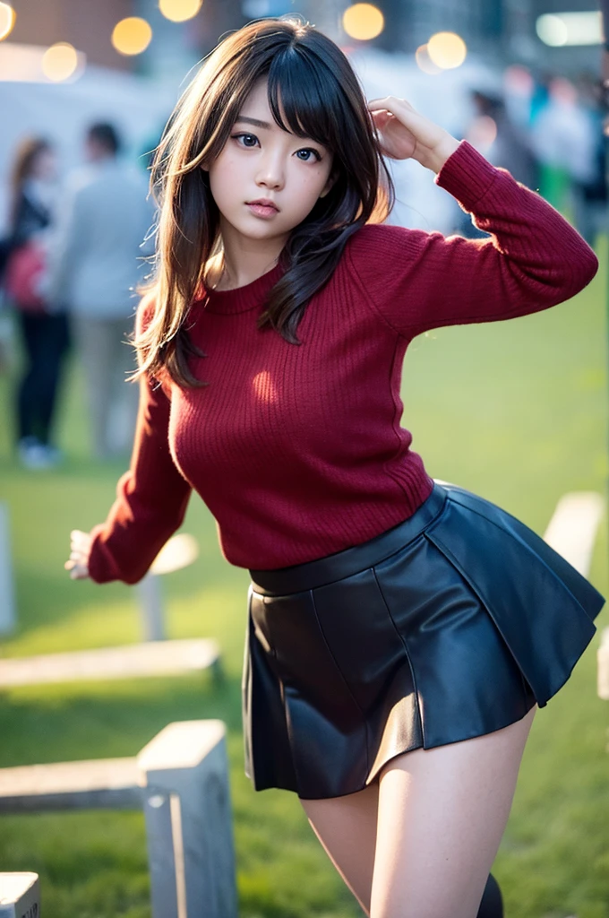 One girl, (View your viewers),  (Bokeh:1.1), Part your lips,Expressionless, Realistic, Raise your arms, tights,
skirt, Skyline,
Realistic, 
