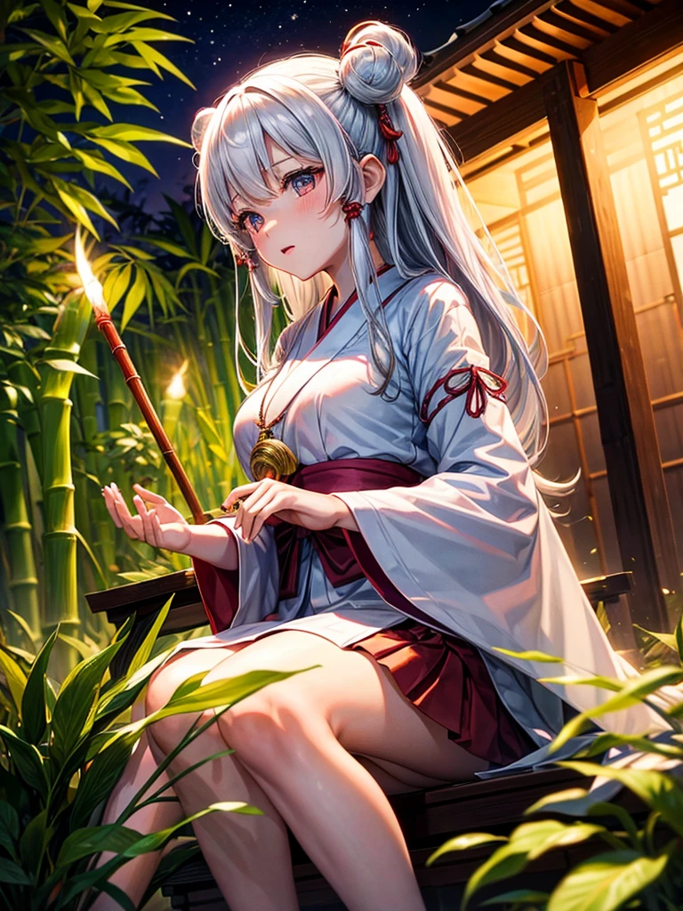 Highest quality,Highest Resolution,Shrine maiden in the shrine grounds,Bamboo bushes at night,Adult women,Jet black head of hair,