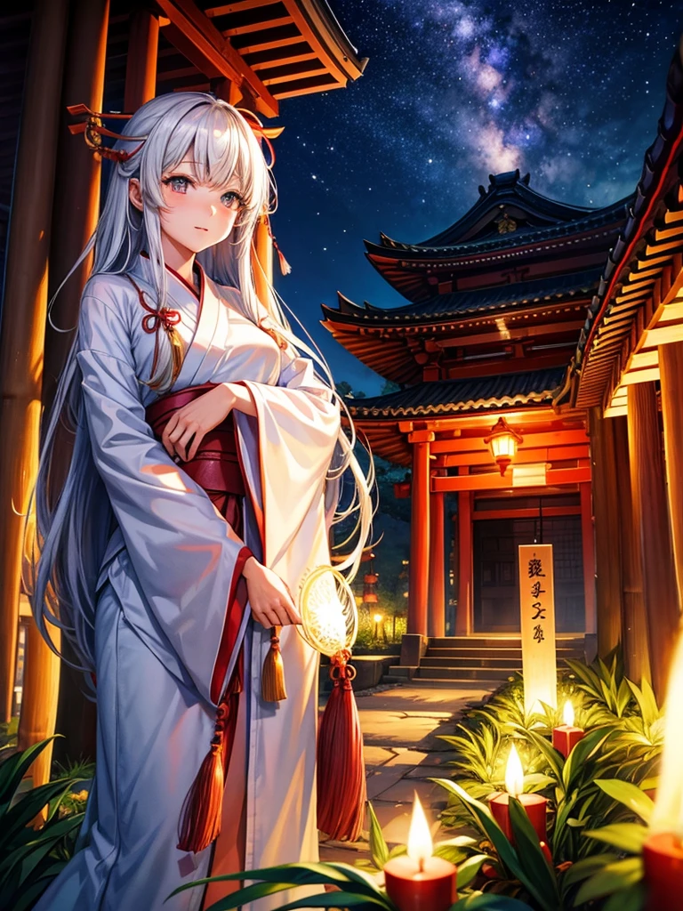 Highest quality,Highest Resolution,Shrine maiden in the shrine grounds,Bamboo bushes at night,Adult women,Jet black head of hair,