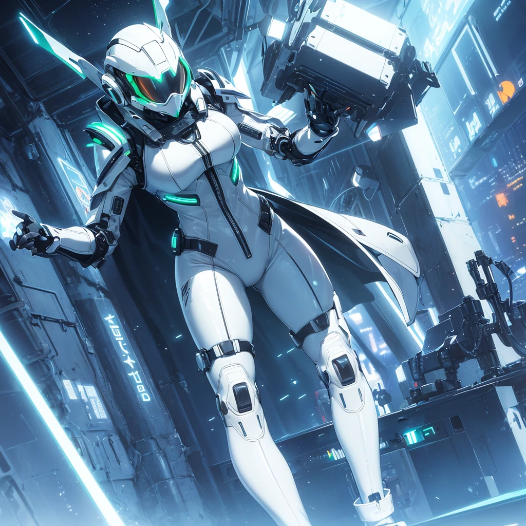 BREAK ((shiny white latex material, futuristic pilot suit, Sci-Fi suit):1.3), (white latex unitard with military cyber gadgets:1.4), ((long sleeves, high neck):1.3), ((bioluminescent glow parts, LED light glow gadget, glow Geometric-pattern) on suit:1.3), ((black harness, mechanical shoulder armor of robot parts, mechanical joints, mechanical glove, knee pads):1.3), (fabric of glove covers all way to fingertips:1.3), ((closed-fitting, slim fit, emphasizes body line):1.3), (fluorescent ski-boots:1.1),