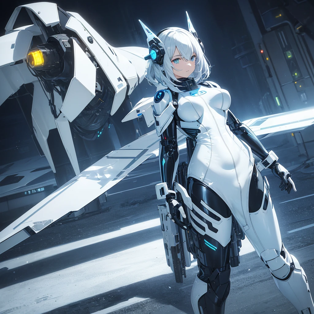 BREAK ((shiny white latex material, futuristic pilot suit, Sci-Fi suit):1.3), (white latex unitard with military cyber gadgets:1.4), ((long sleeves, high neck):1.3), ((bioluminescent glow parts, LED light glow gadget, glow Geometric-pattern) on suit:1.3), ((black harness, mechanical shoulder armor of robot parts, mechanical joints, mechanical glove, knee pads):1.3), (fabric of glove covers all way to fingertips:1.3), ((closed-fitting, slim fit, emphasizes body line):1.3), (fluorescent ski-boots:1.1),