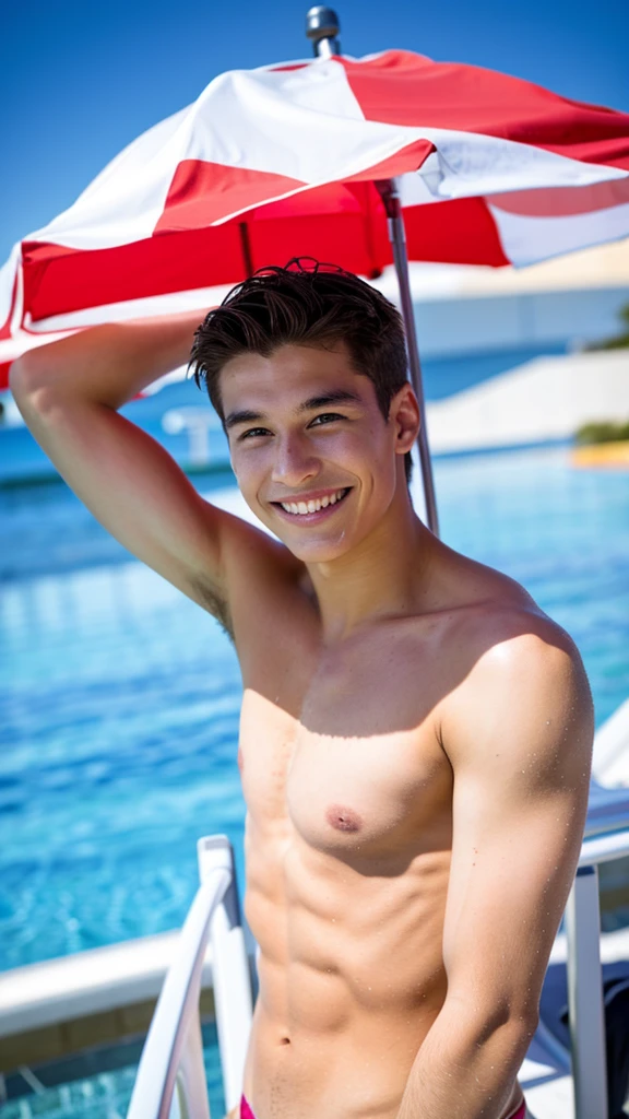 male Age 17 swimwear lifeguard topless smile