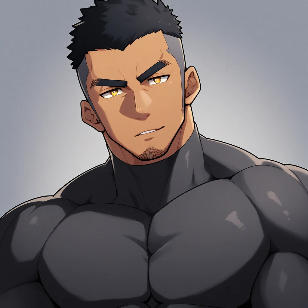 anime characters:Gyee, Muscle Sports Student, negro black skin, 1 dark skin muscular tough guy, Manliness, male focus, Dark grey high collar long sleeve wetsuit, Matte texture, Very tight, Round, full and perky chest muscles, Slightly transparent, muscular male, muscular, only, Upper body, alone, Black short hair, Thick eyebrows, stubble, Yellow eyes, Grey background, simple background, amazing quality, best aesthetics, Ridiculous, bright pupils, crew cut, parted lips, seductive smile, torogao, naughty face, drop shadow, best quality