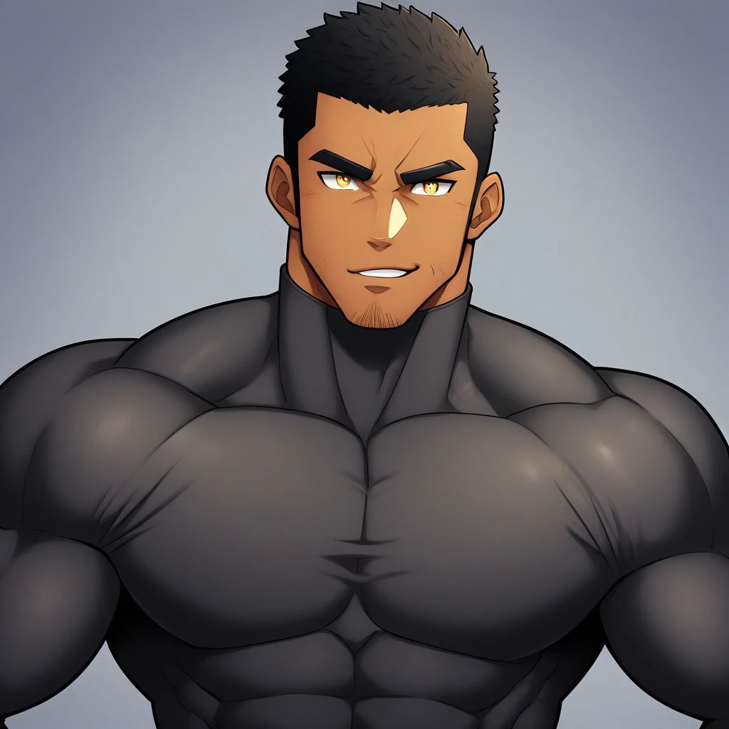 anime characters:Gyee, Muscle Sports Student, negro black skin, 1 dark skin muscular tough guy, Manliness, male focus, Dark grey high collar long sleeve wetsuit, Matte texture, Very tight, Round, full and perky chest muscles, Slightly transparent, muscular male, muscular, only, Upper body, alone, Black short hair, Thick eyebrows, stubble, Yellow eyes, Grey background, simple background, amazing quality, best aesthetics, Ridiculous, bright pupils, crew cut, parted lips, seductive smile, torogao, naughty face, drop shadow, best quality