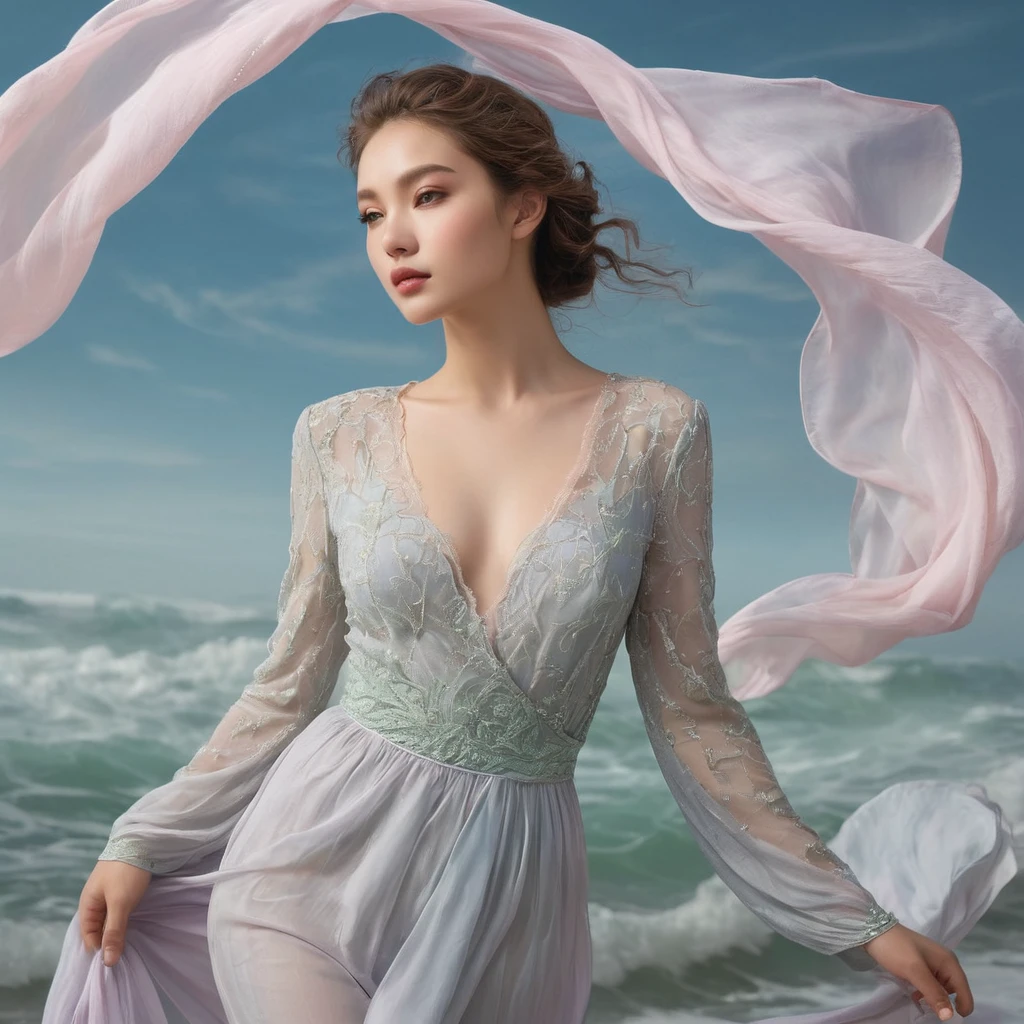 Full-length portrait of a beautiful 22-year-old woman,soft, A pearly light illuminates the figure, cast a gentle glow on their faces. Their characteristics are delicate, Almost another world, big, Moist eyes that seem to peer beyond the borders of the canvas. A faint rose blush stains my cheeks, Reflecting the soft hues of the surrounding sky.
Their hair, The colors of woven moonlight, Slowly flowing down, Flowing Waves, Blends seamlessly with the sheer fabric of the garment. The fabric itself seems to be woven from dreams., swirling around them like a gentle breeze. A faint hint of lavender and pale blue shines among the folds., Capture the light with every movement.
The person's expression is calm, Their lips parted slightly, as if they were about to whisper.。. A sense of peace and tranquility emanates from them., Draws the viewer into a fantastical world. They seem to float in the scene, Freed from the earthly realm, Their very existence、It's a whisper of something magical and invisible..
背景はsoftパステルカラーです, Blends seamlessly with the figure. In the pale blue sky、Pink and mint green blend together, Create a sense of infinite space and possibilities. A few thin clouds drifting aimlessly, It reflects the weightless atmosphere of the figure..
The overall impression is one of dreamlike beauty and tranquility.. Soft colors, Flowing lines, A combination of fantastic expressions、Portraits that transcend the physical world are born, Inviting the viewer into a world of imagination and wonder.