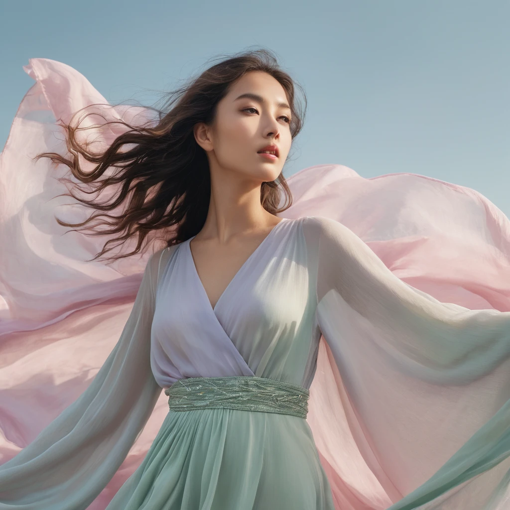 Full-length portrait of a beautiful 22-year-old woman,soft, A pearly light illuminates the figure, cast a gentle glow on their faces. Their characteristics are delicate, Almost another world, big, Moist eyes that seem to peer beyond the borders of the canvas. A faint rose blush stains my cheeks, Reflecting the soft hues of the surrounding sky.
Their hair, The colors of woven moonlight, Slowly flowing down, Flowing Waves, Blends seamlessly with the sheer fabric of the garment. The fabric itself seems to be woven from dreams., swirling around them like a gentle breeze. A faint hint of lavender and pale blue shines among the folds., Capture the light with every movement.
The person's expression is calm, Their lips parted slightly, as if they were about to whisper.。. A sense of peace and tranquility emanates from them., Draws the viewer into a fantastical world. They seem to float in the scene, Freed from the earthly realm, Their very existence、It's a whisper of something magical and invisible..
背景はsoftパステルカラーです, Blends seamlessly with the figure. In the pale blue sky、Pink and mint green blend together, Create a sense of infinite space and possibilities. A few thin clouds drifting aimlessly, It reflects the weightless atmosphere of the figure..
The overall impression is one of dreamlike beauty and tranquility.. Soft colors, Flowing lines, A combination of fantastic expressions、Portraits that transcend the physical world are born, Inviting the viewer into a world of imagination and wonder.