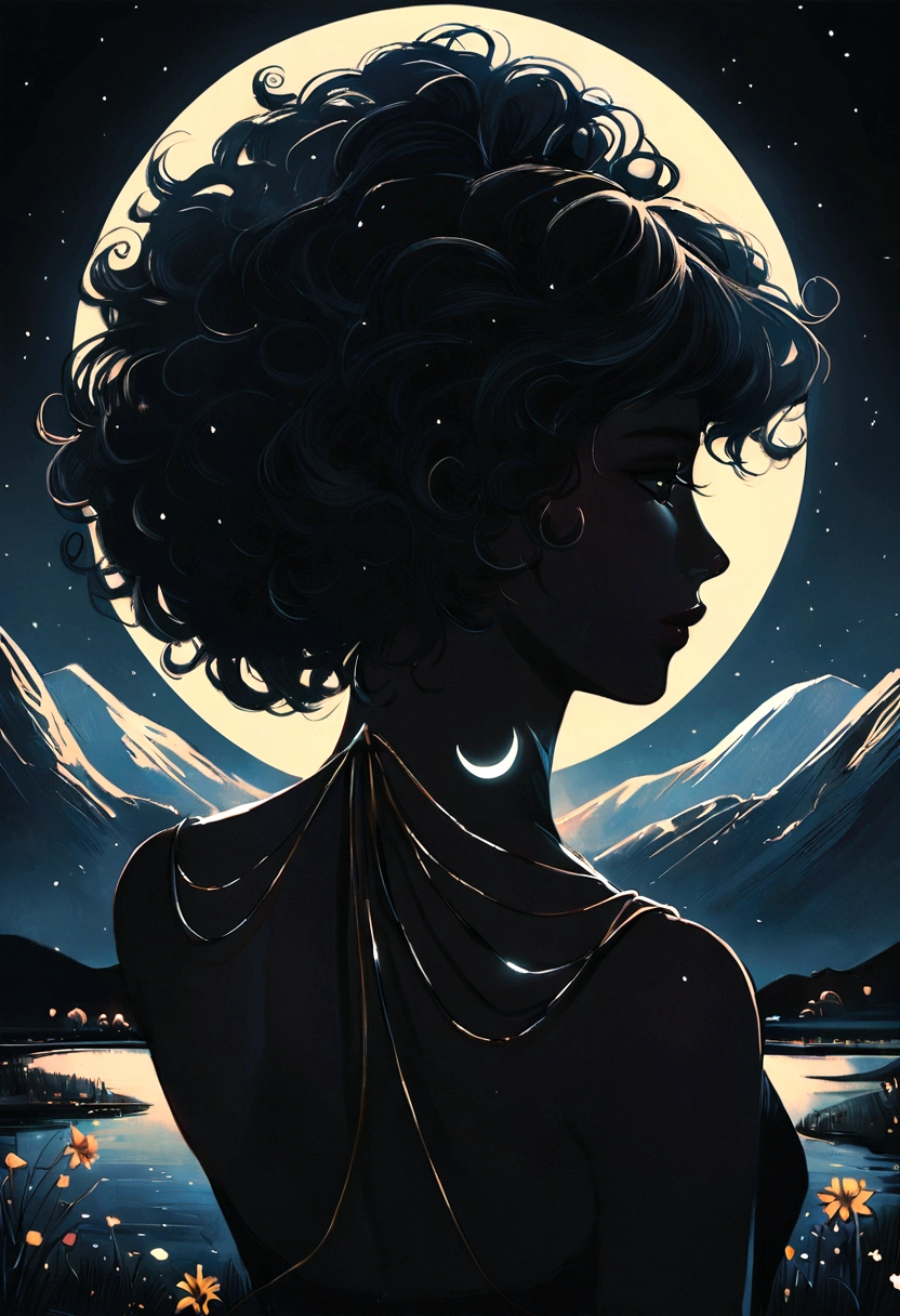 a black woman with long, curly hair, just part of the silhouette, walking on the road with realistic mountains look, drizzle, Chuva fina, night with stars and crescent moon in the upper left corner, flowers in the corners, high resolution, cinematic lighting, artgerm extremamente detailded, high-quality portrait, (detailded) (Chuva fina) (back woman) (Walking forward)