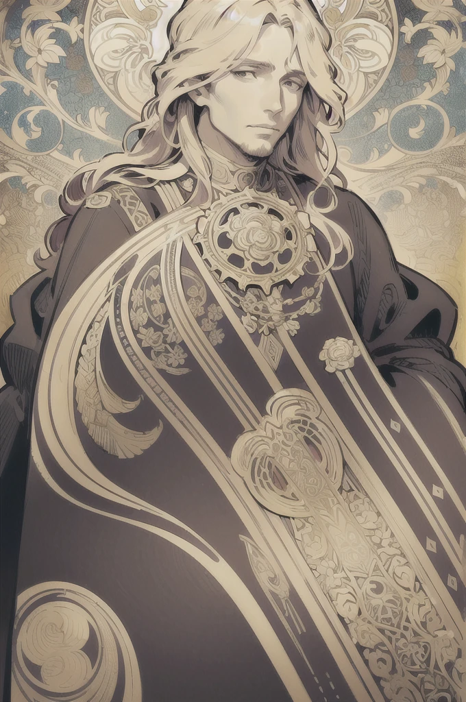 face portrait of a European masculine , long curly hair, blond, floral frame, Decorative panels, abstract
artistic, by Alphonse Mucha
(Masterpiece, Best Quality, Highres:1.4), Detailed, Intricate Details, 4K, color splashes, line art, fibonacci,