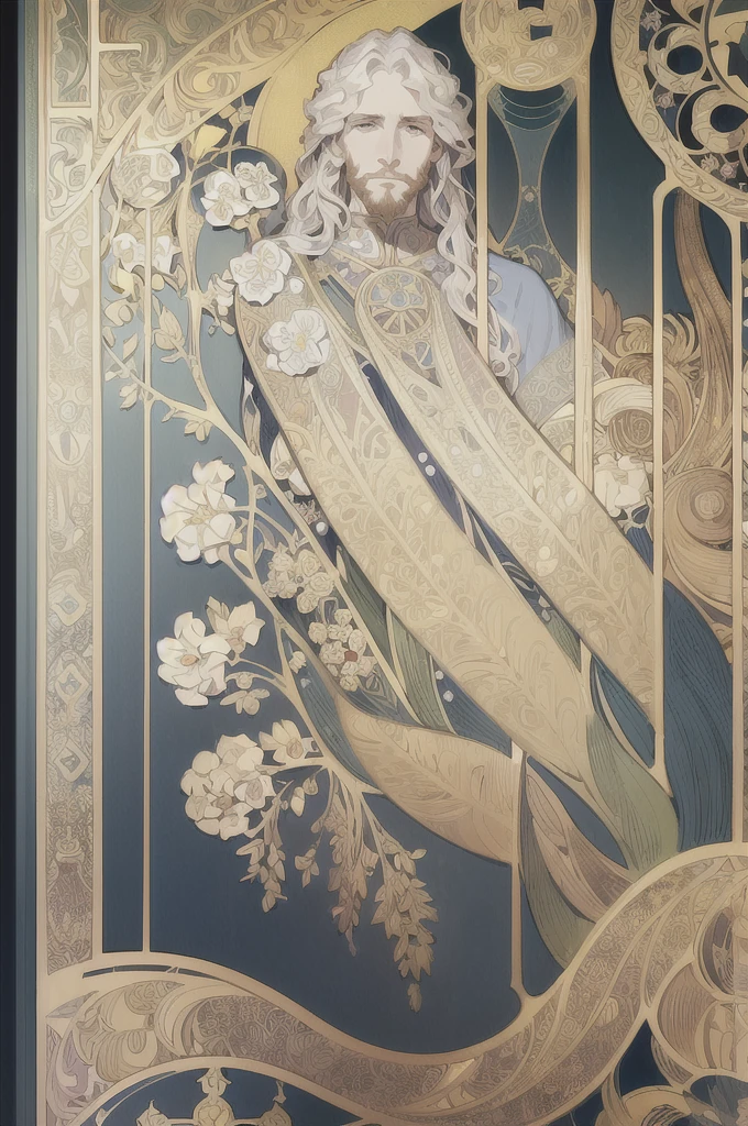 face portrait of a European masculine , long curly hair, blond, floral frame, Decorative panels, abstract
artistic, by Alphonse Mucha
(Masterpiece, Best Quality, Highres:1.4), Detailed, Intricate Details, 4K, color splashes, line art, fibonacci,