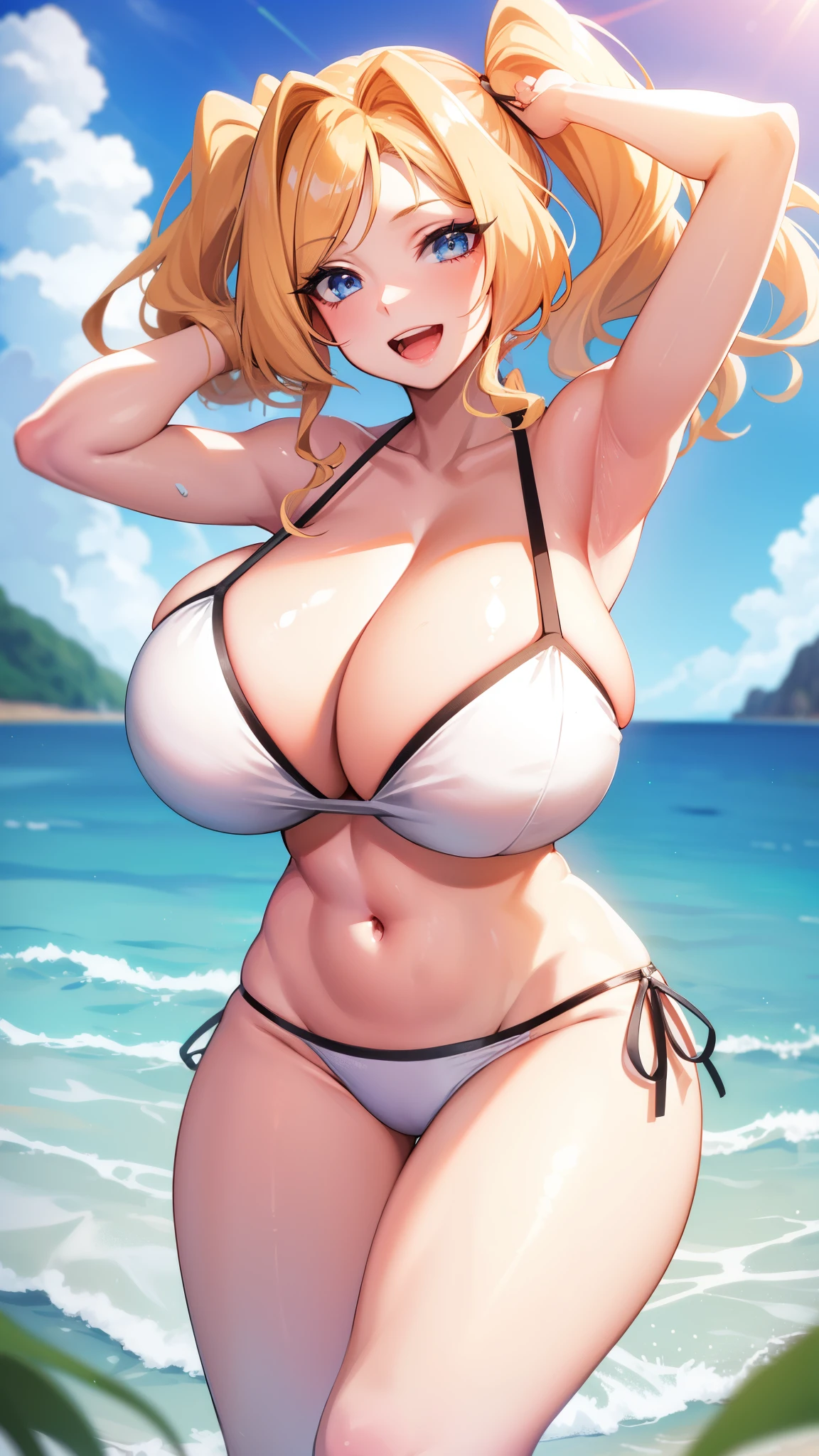 ,huge breasts,blonde hair,,twintail,huge breasts,,,smile,open mouth,cleavage,,,wide hips,narrow waist,navel,stomach, eyelashes, eyeshadow, lips,, 8k, hdr, raytracing,beach,white bikini,Bright glossy screen