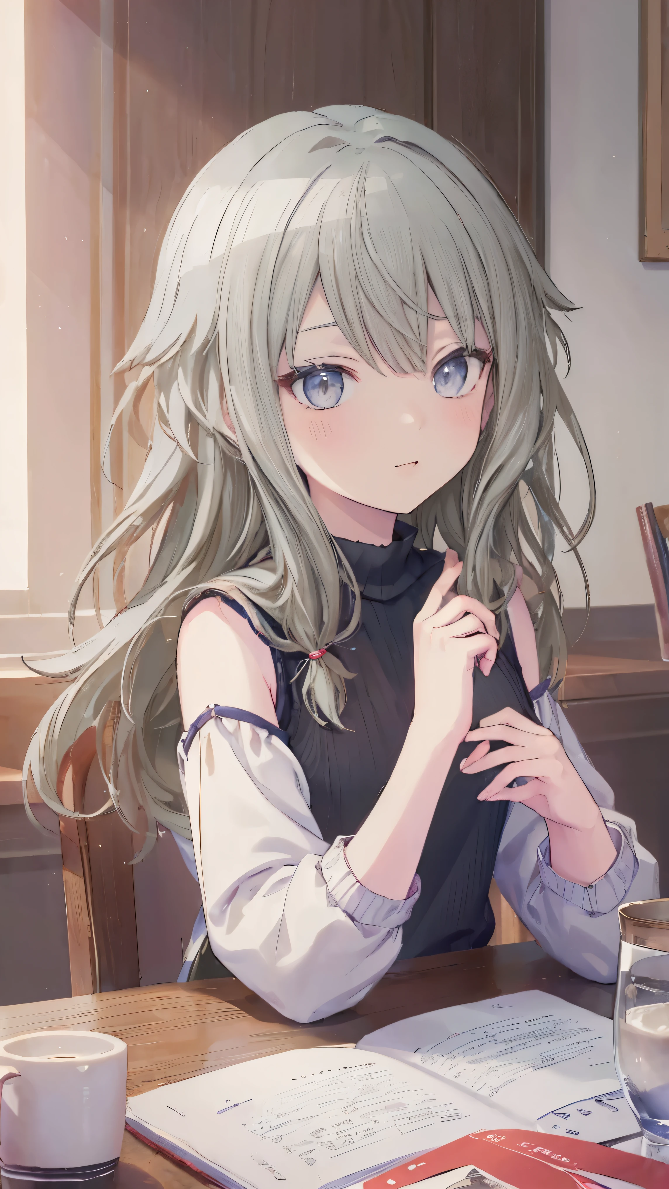 (masterpiece, Highest quality:1.6),Best image quality、Highest quality、Perfect lighting,masterpiece、Best image quality、Highest quality、Lori、Girl、、smile、Show your hand, Put your elbows on the table, Slap in the face、Chest close-up, , Sleeveless, Knitted sweater