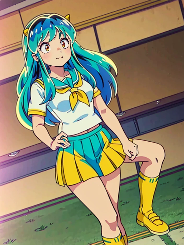 masterpiece, Highest quality, 1 Girl, Lum, Sailor suit, Summer clothes, Navy Blue Skirt, uniform, anime, Charm, 18-year-old, sexy, Stand with your feet apart, Japan, High definition, From before, classroom, Green Hair, Cowboy Shot, smile, Yellow neckerchief, 1980年代animeスタイル, White socks, Orange sneakers