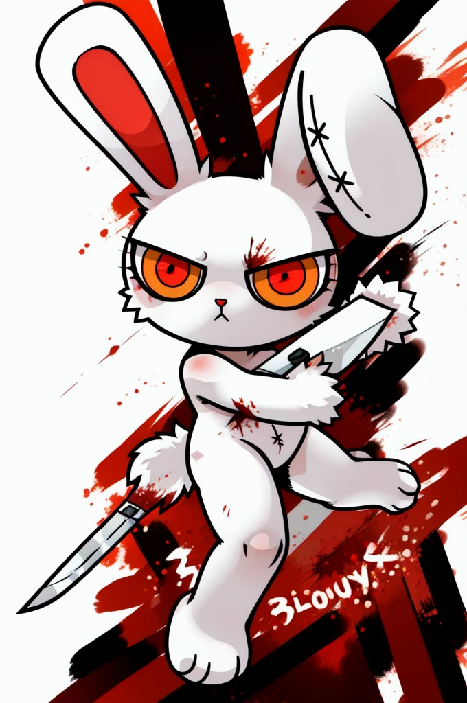1girl,furry,nude,bunny,red pupils,orange eyes,white_fur,stitches,single handed knife,blood stain,cuteg,cartoonized,battle,solo,chibi,Bloody Bunny, feets with three toes, full body,