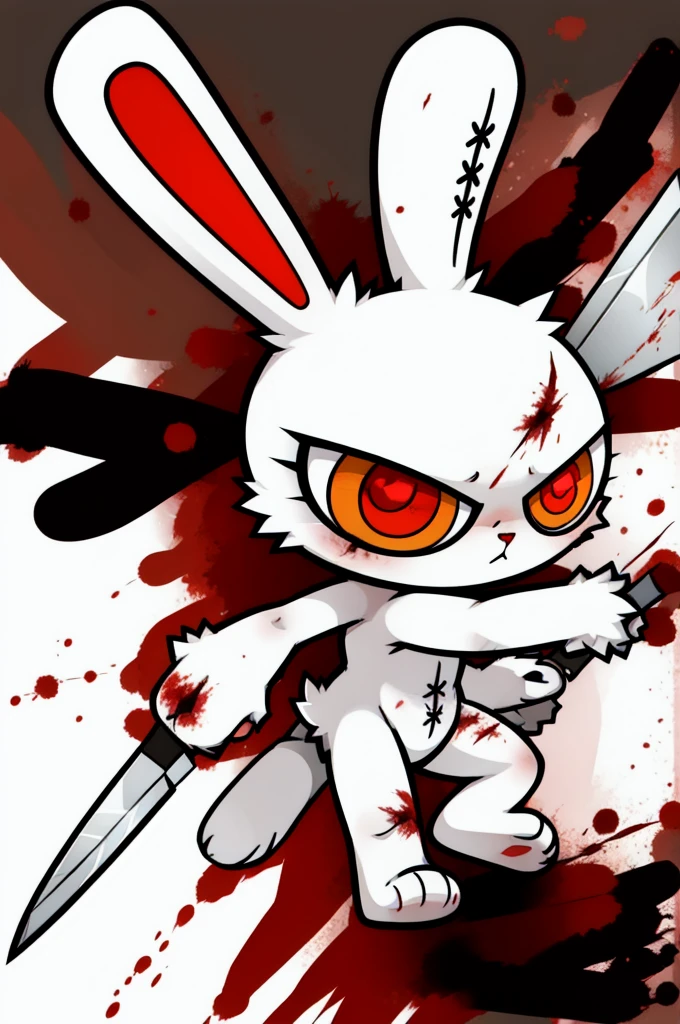 1girl,furry,nude,bunny,red pupils,orange eyes,white_fur,stitches,single handed knife,blood stain,cuteg,cartoonized,battle,solo,chibi,Bloody Bunny, feets with three toes, full body,