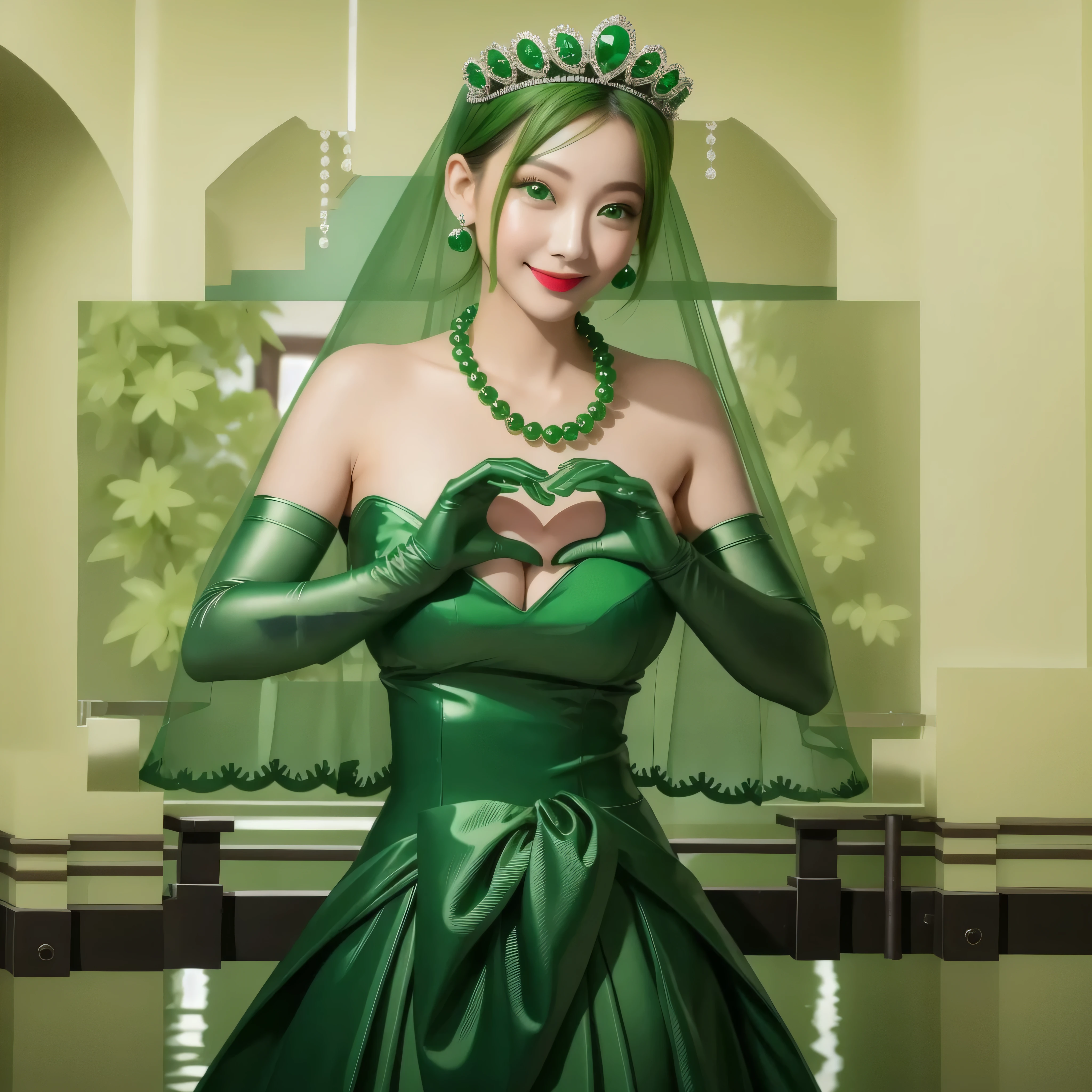 emerald tiara, Green Pearl Necklace, Boyish very short green hair, Green Lips, Smiling Japanese woman, Very short hair, Busty beautiful lady, Green Eyes, Green satin long gloves, Green Eyes, Emerald Earrings, Green veil, Heart with both hands, Green Hair, Beautiful Japanese Women, Heart shaped hands:1.3, green lip gloss