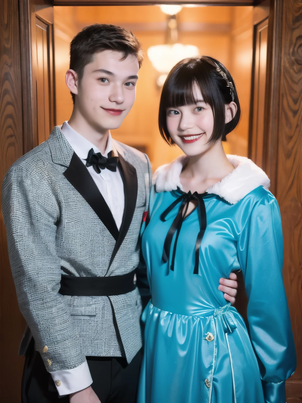 248 (An 18-year-old female and an 18-year-old male), (short hair),kind, lipstick, Finnish national costume, smile