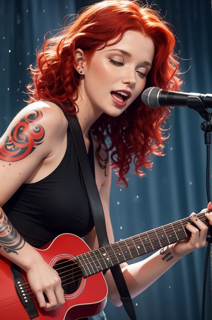 generate a very beautiful redhead singer with red curly hair singing.with a microphone and the guitar hanging from her shoulder at the time it was raining and there was rain splash on her face and on her arm a tattoo saying thank you God
