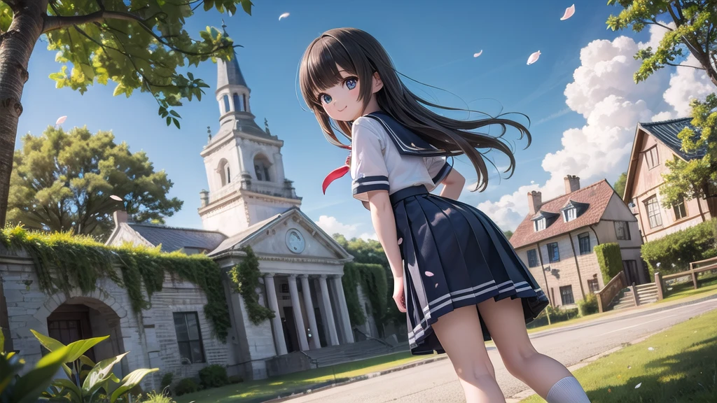 (masterpiece), town, blue sky, One Girl, smile, alone, Sailor suit、Long skirt, Overgrown, petal, plant、Skirt lining、Translucent slip、Nostalgic