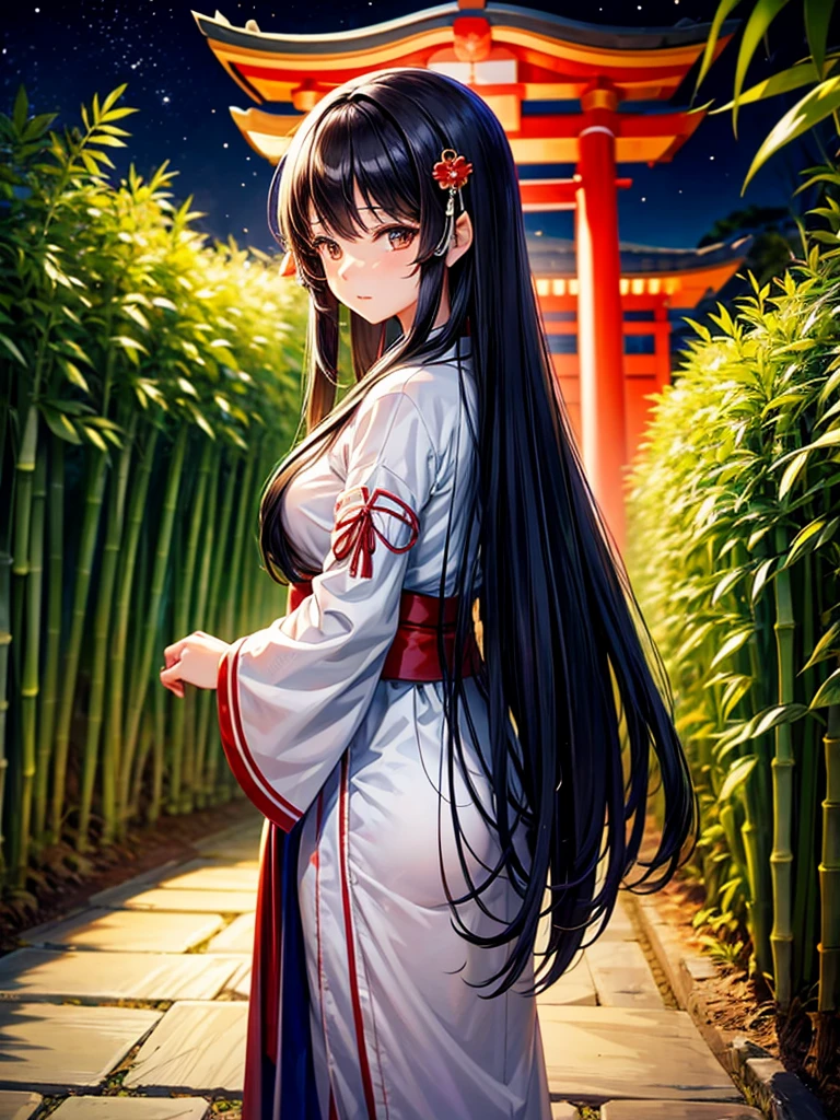 Highest quality,Highest Resolution,Shrine maiden in the shrine grounds,Bamboo bushes at night,Adult women,Jet black head of hair,