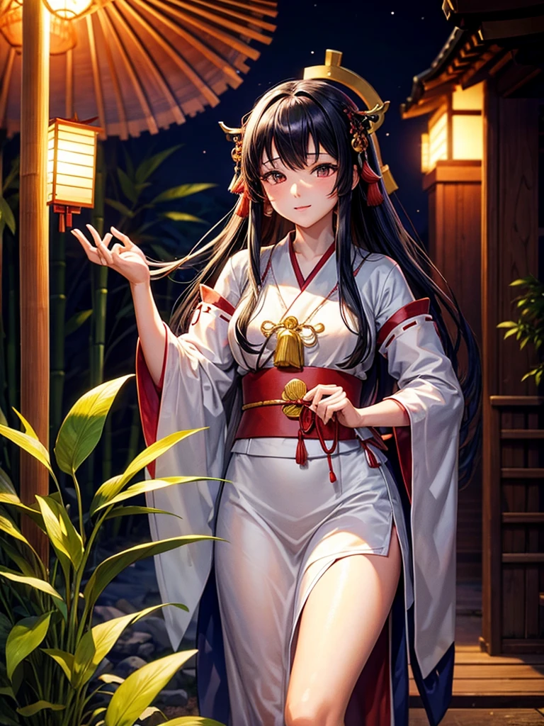 Highest quality,Highest Resolution,Shrine maiden in the shrine grounds,Bamboo bushes at night,Adult women,Jet black head of hair,