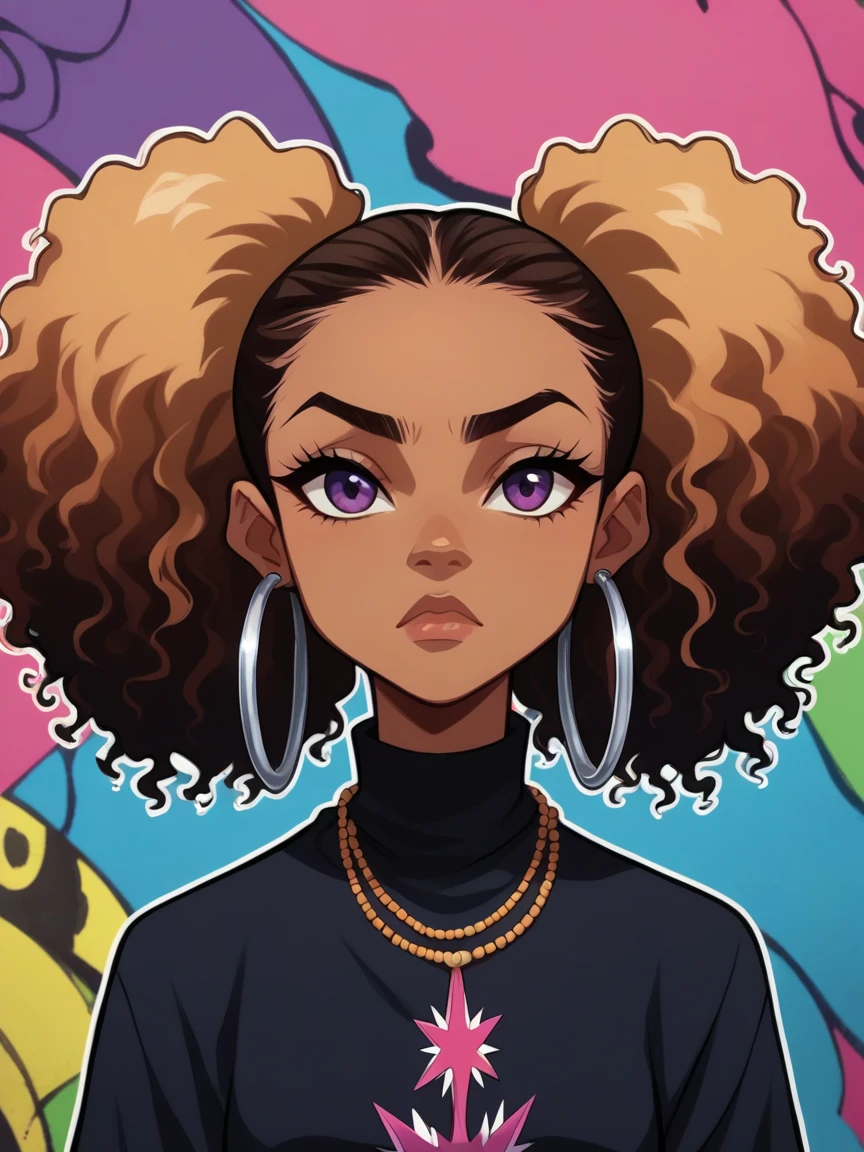 score_9, score_8_up, score_7_up, score_6_up, b00nd0cks, portrait of a young pretty woman with dark skin, curly hair styled in two buns, and expressive facial features. They should be wearing a black turtleneck top and silver hoop earrings. Include silver layered necklaces as accessories. detailed shading and highlights, sultry expression , vibrant hues of twilight, energetic Shonen narratives and classic anime charm, inspired by boondocks styles, American artist, graffiti wall background