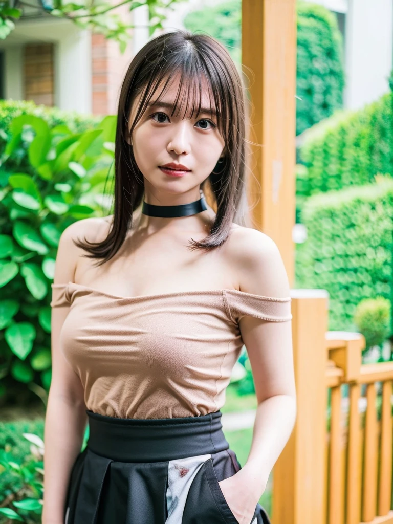 best quality, ultra high res, (photorealistic:1.4), 1girl, off-shoulder white shirt, black tight skirt, black choker, (faded ash gray hair:1), looking at viewer, Cleavage、tits
