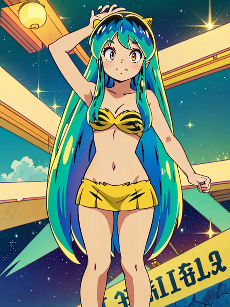 masterpiece, Highest quality, 1 Girl, Lum, Lum_比基尼, anime, Charm, 18-year-old,  Are standing,  High definition, From before, Japan, Green Hair, smile, 1980年代animeスタイル