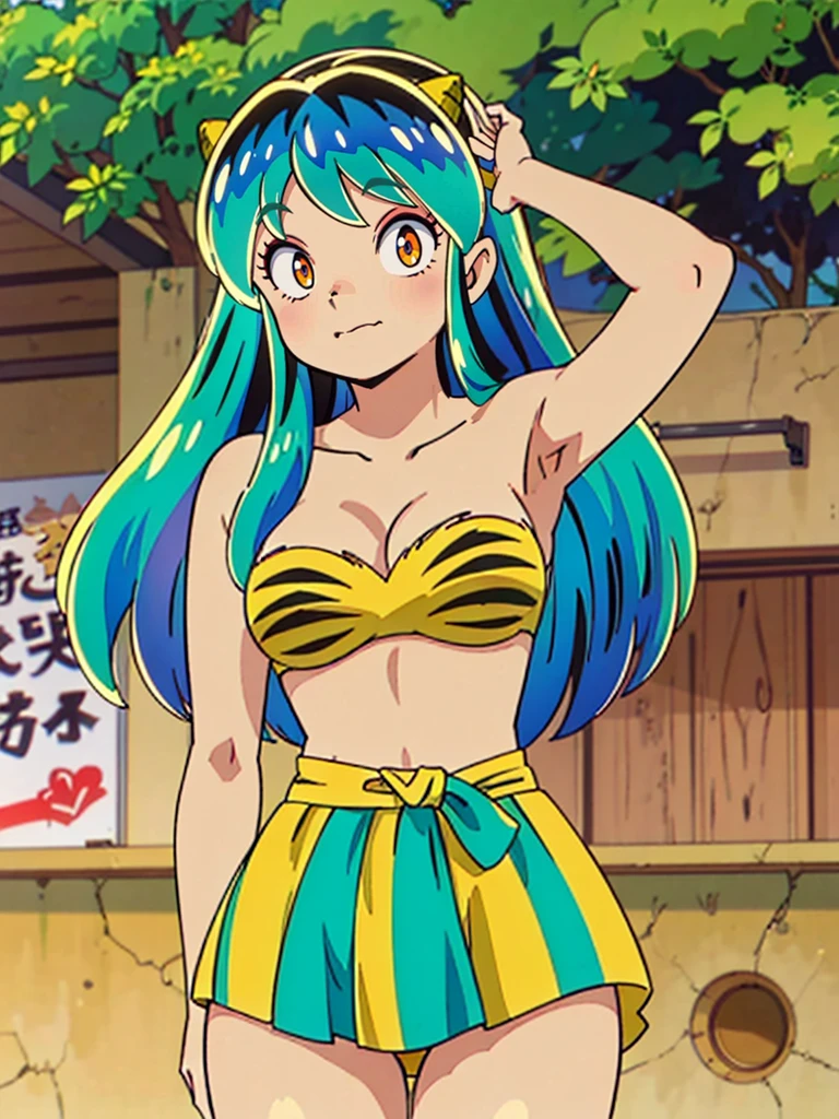 masterpiece, Highest quality, 1 Girl, Lum, Lum_比基尼, anime, Charm, 18-year-old,  Are standing,  High definition, From before, Japan, Green Hair, smile, 1980年代animeスタイル