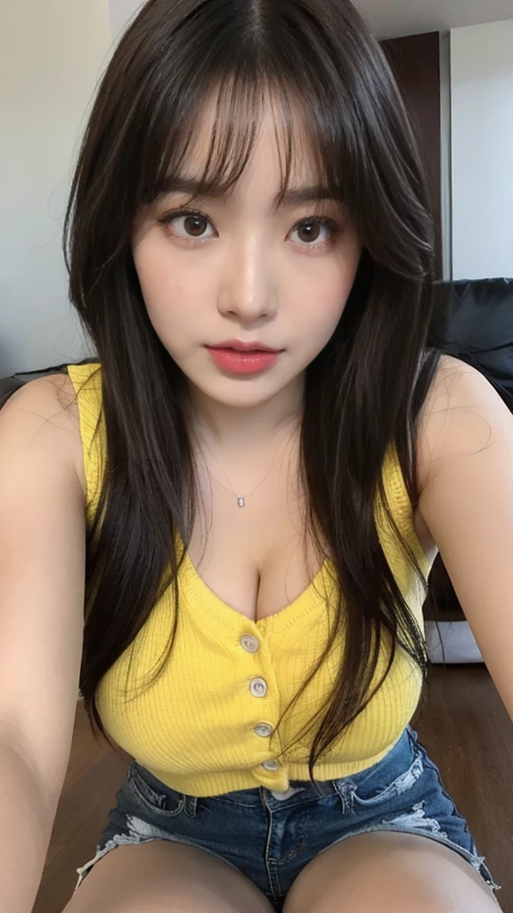 (lifelike, high resolution:1.3), 1 girl with a perfect figure, The face shape and eyes are super beautiful,Long hair, Random color vest:1.2, Short jeans, Big boobs,Showing cleavage