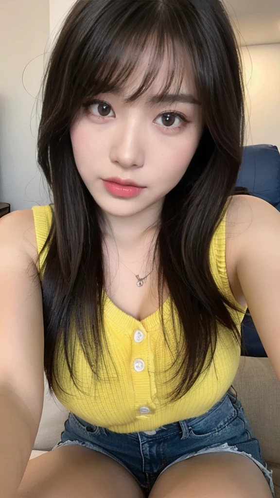 （lifelike， high resolution：1.3）， 1 girl with a perfect figure， The face shape and eyes are super beautiful，Long hair， Random color vest：1.2， Short jeans， Big boobs，Showing cleavage