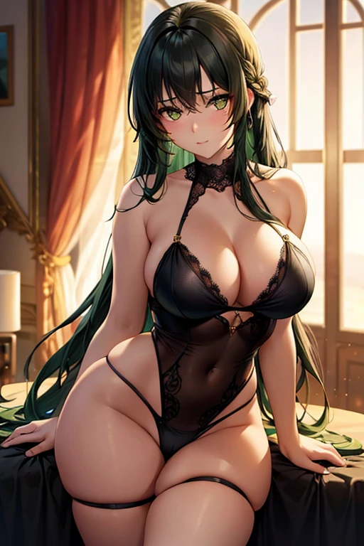 a woman who defies all definitions of beauty. Her skin is a soft and silky golden tone., and her curves are perfect and provocative. His eyes are an intense emerald green color., mesmerizing and full of mystery. Her dark hair cascades over her shoulders., framing her angelic face. She is wearing black lace lingerie that highlights each of her curves., leaving little to the imagination. The garment fits perfectly to your body, enhancing your figure and awakening your deepest desires. Every step you take is an invitation to passion and pleasure.