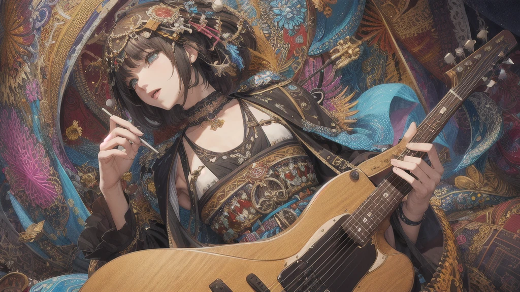 (masterpiece, Highest quality, Highest quality, Official Art, beautifully、aesthetic:1.2), (Rock guitarist、Solo Play), Very detailed,(Fractal Art:1.3),colorful,Most detailed