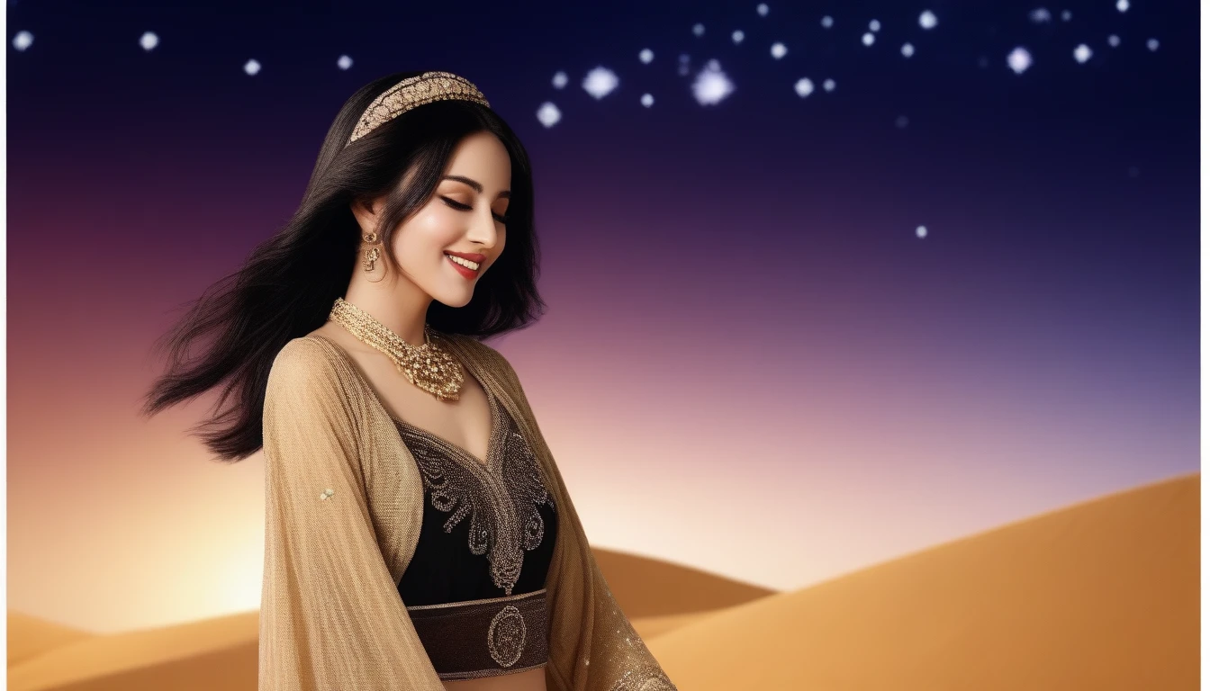 Beautiful woman in the Arabian Nights style。Dressed in gorgeous traditional Arabian attire。Background is desert and starry sky、View of an oasis in the distance。Wear exotic accessories、Long black hair swaying in the wind。Her eyes were deep brown.、Has a captivating smile。There was a magical light all around her.、It exudes a mysterious atmosphere、sexly、Erotic