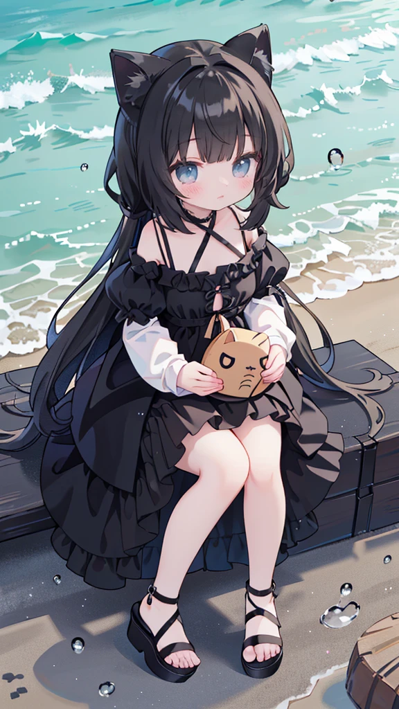 Wearing a black dress on the beach、long hair、Anime girl in black shoes, very beautiful anime cat girl, , beautiful anime cat girl, at the beach, cute anime cat girl, Beautiful anime girl squatting, At the beach, seductive anime girl, on the beach, anime cat girl, Anime cute art style, Anime girl squatting in miniskirt