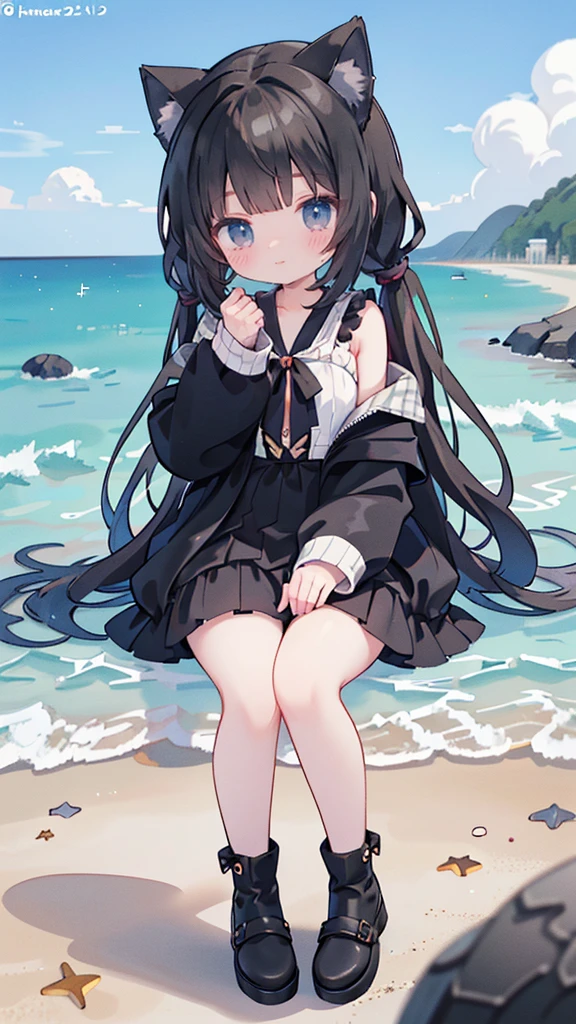 Wearing a black dress on the beach、long hair、Anime girl in black shoes, very beautiful anime cat girl, , beautiful anime cat girl, at the beach, cute anime cat girl, Beautiful anime girl squatting, At the beach, seductive anime girl, on the beach, anime cat girl, Anime cute art style, Anime girl squatting in miniskirt
