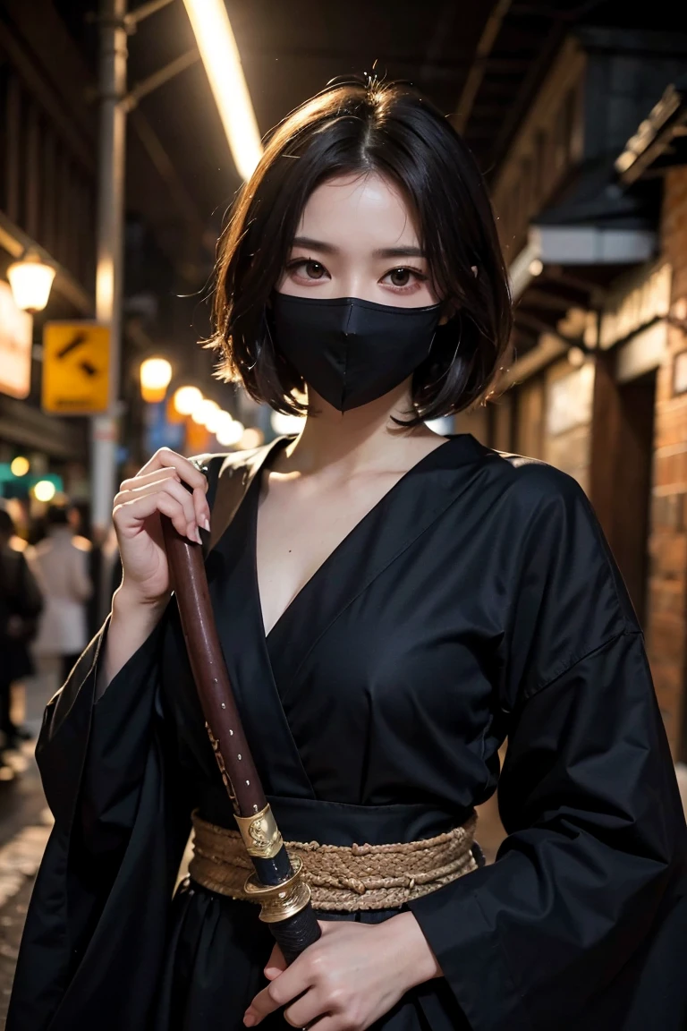 ((professional killer)), G-cup bust, early 30s, medium to short hair, (round face, centrifugal face, fox face), beautiful forehead, big eyes, brown hair, very cool, (short stature, e build), Chubby, whole body, (cold look), cute face(High Resolution, Highest Resolution, Ultra Definition, Masterpiece), Beautiful Face(High Resolution, Highest Resolution, Ultra Definition, Masterpiece), ((night, midnight, moonlight, extremely dark, no brightness, dark)), (deserted alley), ((has a Japanese sword, cut the villain in half)), masterpiece, 8k, best quality, (beautiful five fingers), best quality, masterpiece, best quality, ((dark costume, Clothes that are easy to move in)), (super long distance shooting), (black mask),