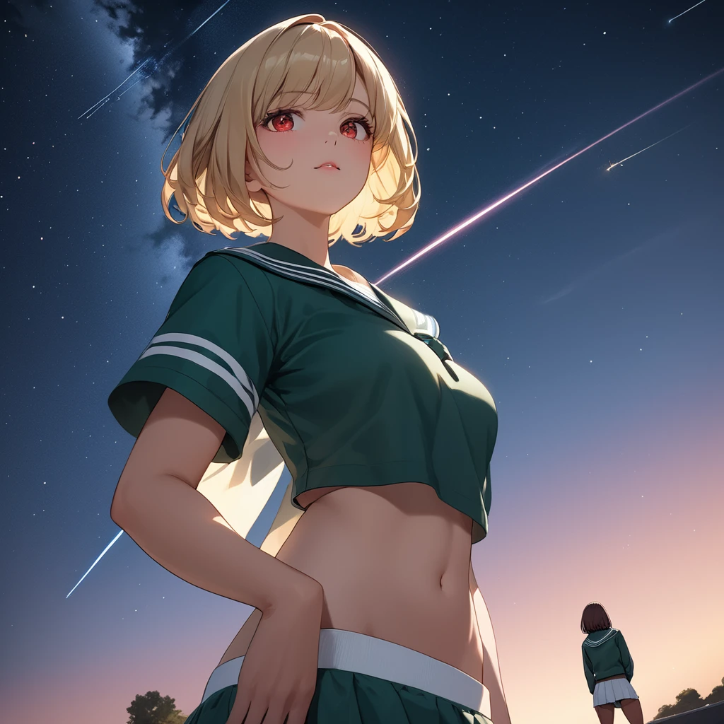 Highest quality, masterpiece, Ultra-high resolution, One girl,

Smooth blonde hair with dark roots Two-tone hair Blonde bob cut Slanted eyes Red eyes Crimson eyes Sparkling eyes drawn in detail Tanned skin Brown skin Chocolate skin Traditional sailor suit Dark green sailor suit White socks Loafers Low angle Aerial view from below Sexy Best proportions Bright night sky A shooting star Standing with confidence Arms crossed