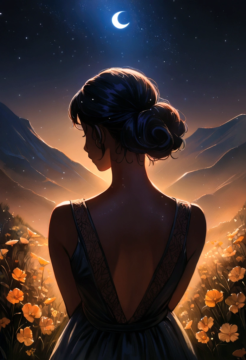 a black woman with long, curly hair, just part of the silhouette, walking on the road with realistic mountains look, drizzle, Chuva fina, night with stars and crescent moon in the upper left corner, flowers in the corners, high resolution, cinematic lighting, realist art, high-quality portrait, (detailded) (Chuva fina) (back woman) (Walking forward)