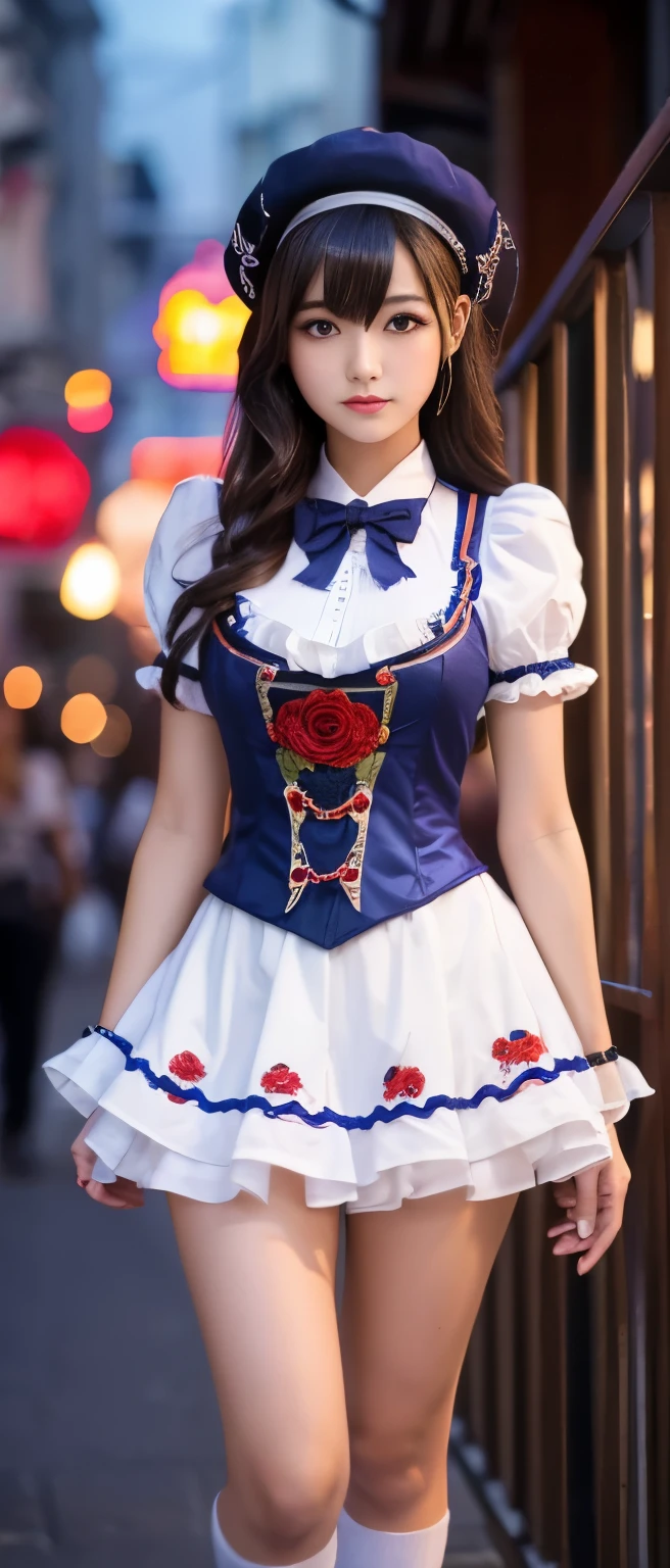 Tall cute idol magician girl、whole body、Good style、、、、、、、、、、Tanned thick legs、、Red and blue steampunk magician uniform(Skull and rose embroidery)、Neat and clean idol face、Glowing、City of night