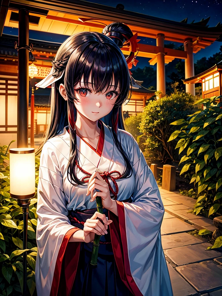 Highest quality,Highest Resolution,Shrine maiden in the shrine grounds,Bamboo bushes at night,Adult women,Jet black head of hair,