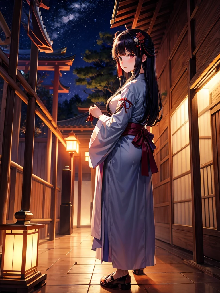 Highest quality,Highest Resolution,Shrine maiden in the shrine grounds,Bamboo bushes at night,Adult women,Jet black head of hair,