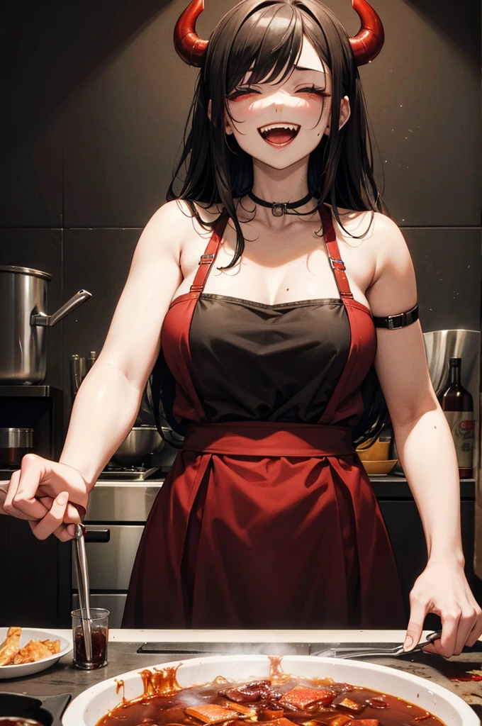 demon laughing and cooking the head of a young woman possessed by drugs, in a large pan, in the sauce several drug capsules and cigarette butts, a highly strong, macabre, and horror image,