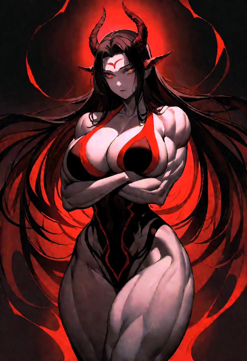 I want you to create the image of a woman, she has long dark hair and two dark horns on her forehead, red eyes and dark pupils, its entire body is covered in darkness with small red details, she has a toned physique with voluminous thighs and large pecs, Your whole body is covered in darkness, except your pale face, she has o, darker his body and a more intense dark and red aura surrounding his body, She has a red halo between her horns and her arms are crossed., his entire body except his pale face is covered in very dark darkness, and has red details